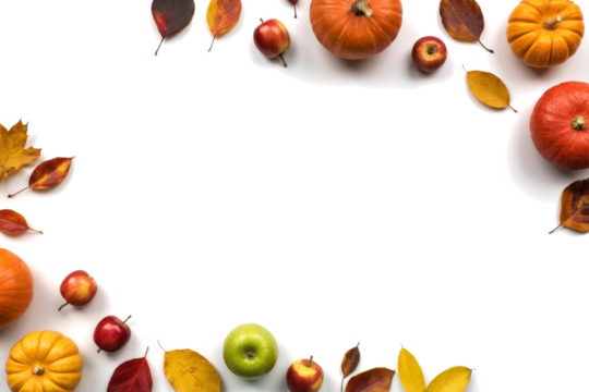 Autumn harvest frame with pumpkins apples and colorful leaves seasonal decoration with copy space on white background