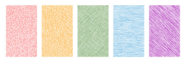 Fototapeta premium Pastel hand drawn rectangles with crayon sketch texture create an organic set background. Each colorful frame blends graphic and text elements in abstract form, suitable for template or note.