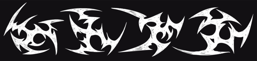 Black metal tribal shapes set, hand drawn sharp abstract symbols with rough texture on dark background.