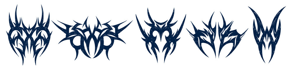 Tribal gothic tattoo set, grunge hand drawn dark symbols with sharp symmetrical shapes, vintage heavy metal and occult illustration.