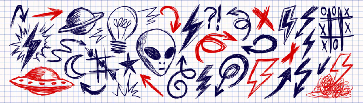 Red and blue pen doodle alien set, hand drawn UFOs, lightning bolts, planets, arrows, and sketch symbols on graph paper, chaotic notebook style illustration for collage and grunge design