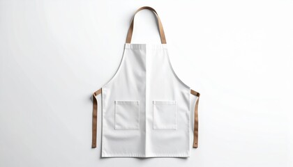White kitchen apron with natural cotton ties on plain background. Minimal design, hygiene, chef, restaurant uniform, home cooking, culinary accessory, clean and professional.