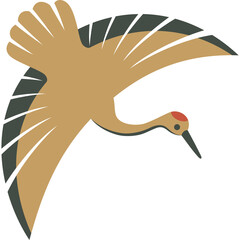 Stylized Illustration of a Crane Bird in Flight with Earth Tones and Graphic Elements on a Transparent Background