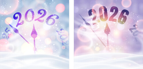 Fototapeta premium Two pastel-themed snowy clocks mark the New Year countdown to 2026. Gentle and festive. Vector illustration.