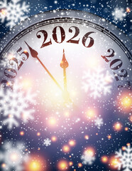 Clock with falling snow and glowing lights striking midnight for 2026. Vector illustration.
