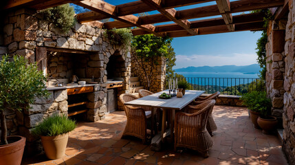 Obraz premium A stone patio with a table and chairs overlooking a scenic view of a lake and mountains