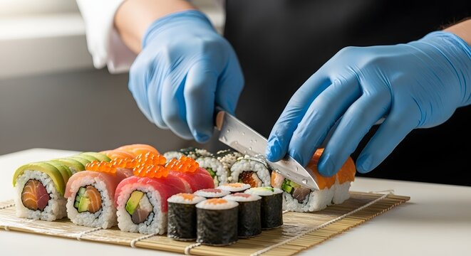 Chef wearing blue gloves meticulously slicing fresh sushi rolls with a sharp knife on a bamboo mat, showcasing various colorful sushi types.