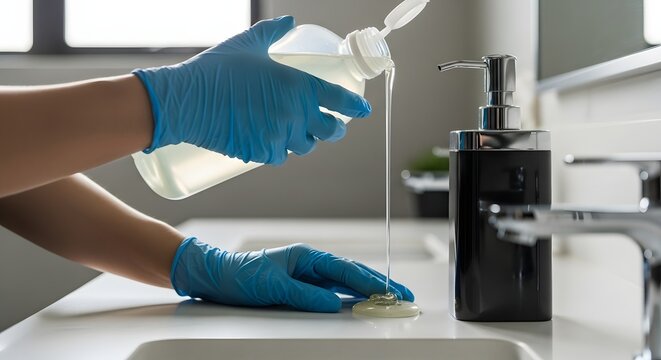 Person in blue gloves carefully refilling a black liquid soap dispenser on a white bathroom counter, emphasizing hygiene and cleanliness.