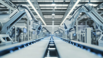 Advanced robotic arms operate efficiently on a production line in a modern manufacturing facility