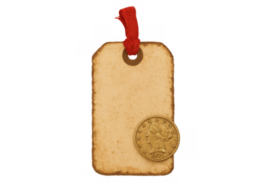 Aged paper tag featuring a vintage gold coin with liberty head design, attached by a red string on transparent background