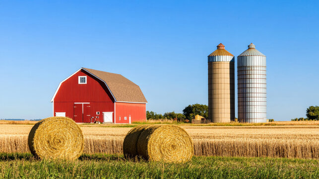 Bright sunny day at a rural farm with red barn and round hay bales - Powered by Adobe