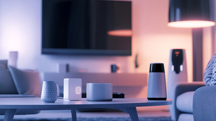 Modern living room showcasing smart home devices with a cozy ambiance and soft lighting