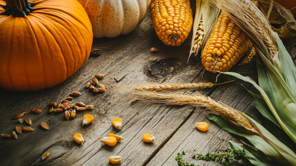 Harvest scene featuring pumpkins, corn, and wheat on a rustic wooden table in autumn