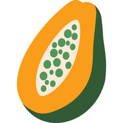 Stylized Illustration of a Papaya Half Cut Displaying Orange Flesh and Green Seeds on a Transparent Background