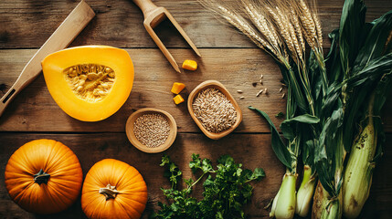 Fresh fall harvest arranged beautifully on a rustic wooden table with pumpkins, grains, and greenery