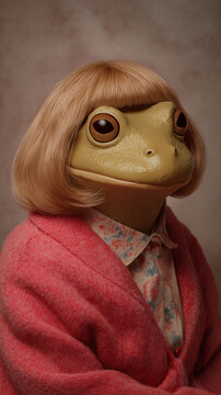 A quirky frog wearing a bob hair wig in a 1990s-style studio photo