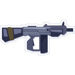 Stylized illustration of a futuristic rifle with a muted blue and gray color palette and a tan strap detail on a white background