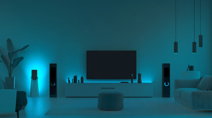 Modern living room with ambient lighting featuring sleek furniture and a large wall-mounted TV