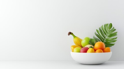 Colorful Fruit Bowl with Tropical Leaves on a Minimalist Background