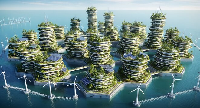 Futuristic floating city with green buildings and wind turbines on the ocean, depicting sustainable urban development and eco-friendly architecture.