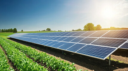 Solar panels in a green field during sunny afternoon promoting sustainable energy production