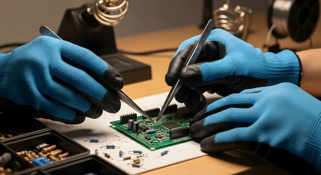 Two people in blue gloves meticulously assembling electronic components on a circuit board with tweezers.