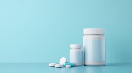 Soft Blue Background with Bottles of Pills and Tablets on a Surface