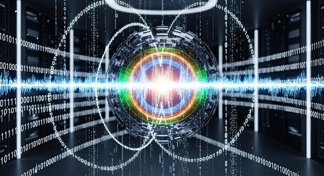 Experience the pulse of innovation, where futuristic technology and digital data converge in a dazzling display of abstract energy and complex systems.