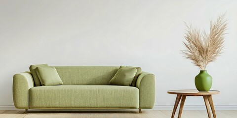 Minimal home interior with green armchair and vase