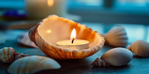 Two seashell candles with warm glowing light