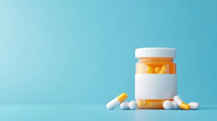 Colorful Prescription Bottle with Capsules on Blue Background