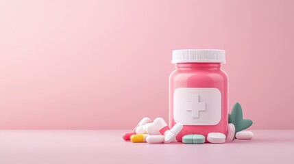 Pink Medicine Jar with Colorful Pills on a Soft Pink Background