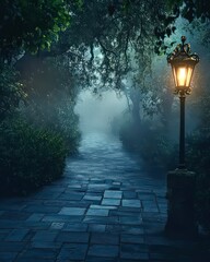 Foggy park alley with lanterns glowing softly