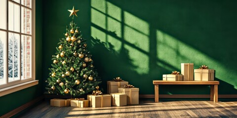 Green Christmas tree with gifts minimalist room