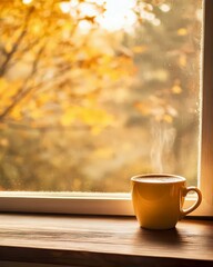 Hot coffee cup near sunny autumn window