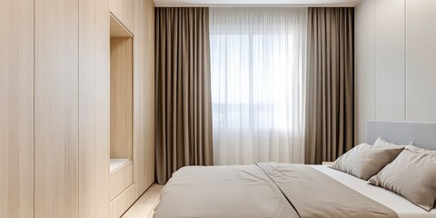 Neutral cozy bedroom with wardrobe minimal interior