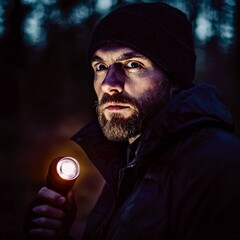 Man with headlamp standing in dark outdoor environment