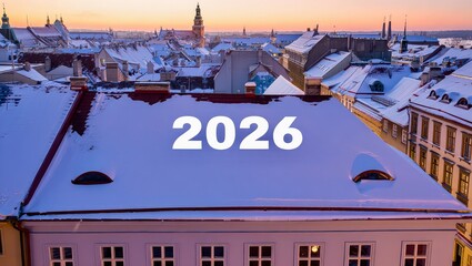Snowy rooftops with 2026 numbers under pink sky