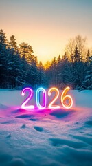 2026 numbers glowing pink and blue in snowy forest
