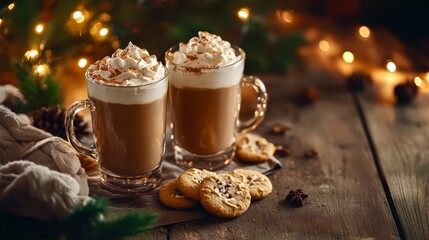 Hot chocolate cups with cream and marshmallows lights