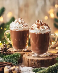 Two cups of hot chocolate with cream and cinnamon