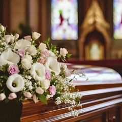 Coffin decorated with flowers near altar window