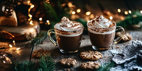 Hot chocolate with whipped cream and festive lights