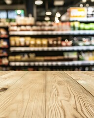 Wooden table surface foreground blurred grocery supermarket background