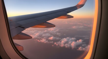 Obraz premium Breathtaking aerial view of clouds from airplane window at sunset, promising adventure and travel, perfect for wanderlust and inspirational travel campaigns