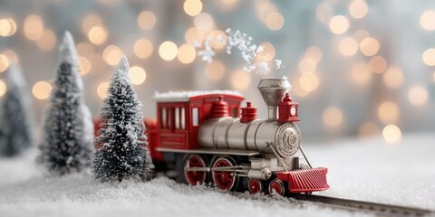 red toy train and christmas tree in snow on blurred lights background concept for christmas new year winter holidays banner with copy space christmas festive composition