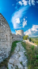 Panoramic medieval fortress walls with blue sky