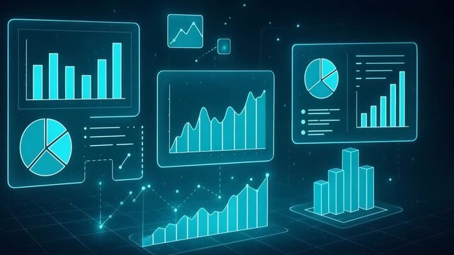 Futuristic data visualization with glowing graphs and charts showcasing analytical information in a digital environment. - Powered by Adobe