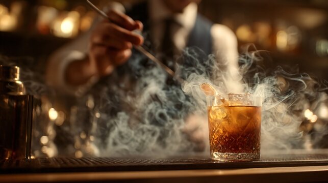 The Art of the Cocktail: A bartender meticulously crafts a sophisticated cocktail, surrounded by an aura of mystery and elegance. With swirling vapor.