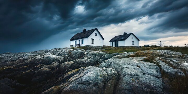 Coastal stormy houses dramatic seascape lifestyle dark